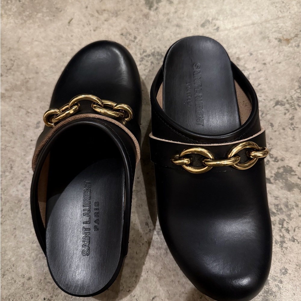 Saint Laurent Black Mules with Gold Chain Accent